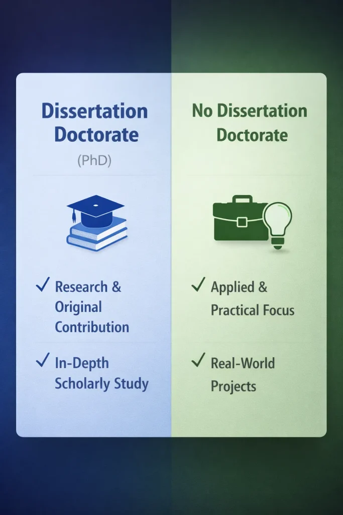 Dissertation vs No Dissertation Doctorate comparison showing research-based PhD and applied professional doctorate paths